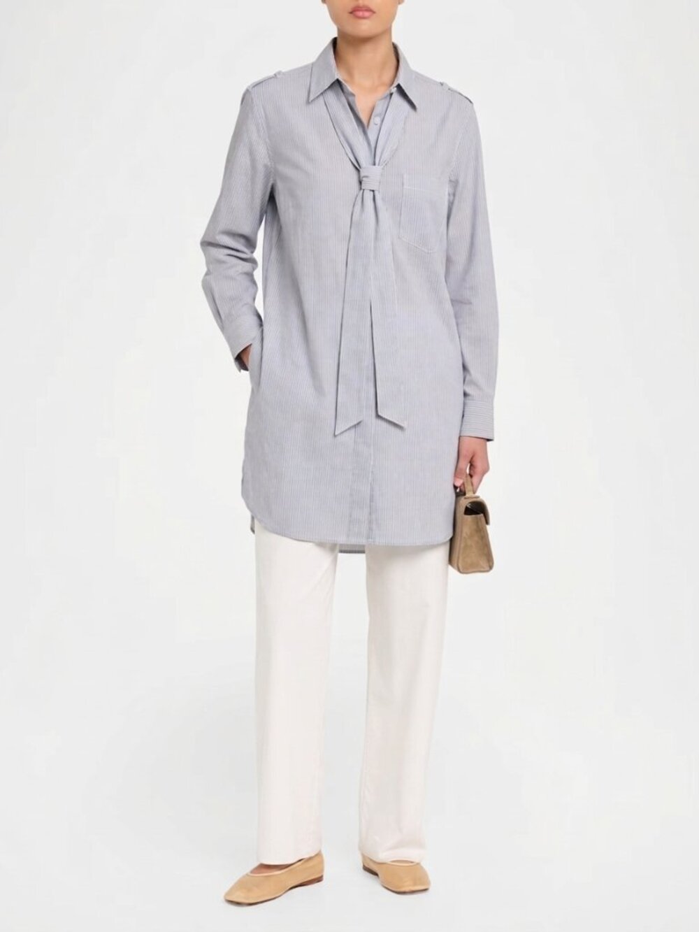 Vince Gray Pinstripe 100% Cotton Poplin Tie-Neck Pocket Tunic Button Up Shirt M